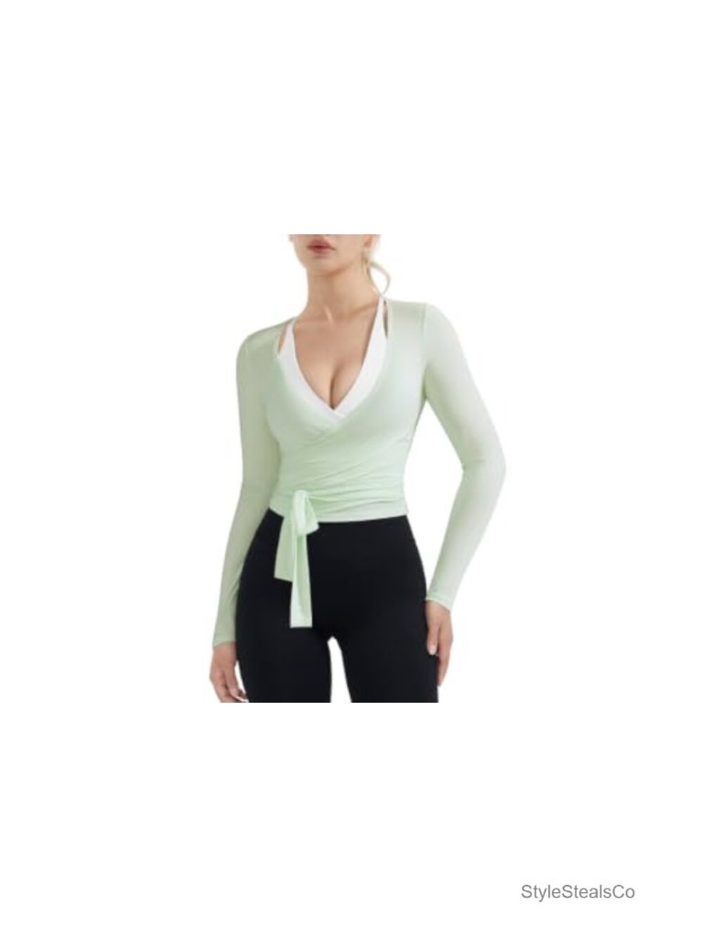 Ribbed Long Sleeve V Neck Tie Front Cropped Workout Wrap Top